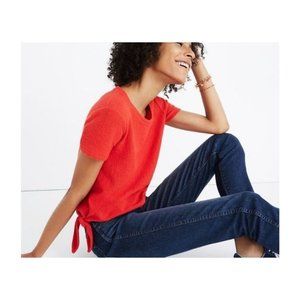 "MADEWELL" RED VERSE TEXTURED SHORT SLEEVE SPLIT TIE-BACK TOP BLOUSE SIZE; XXS